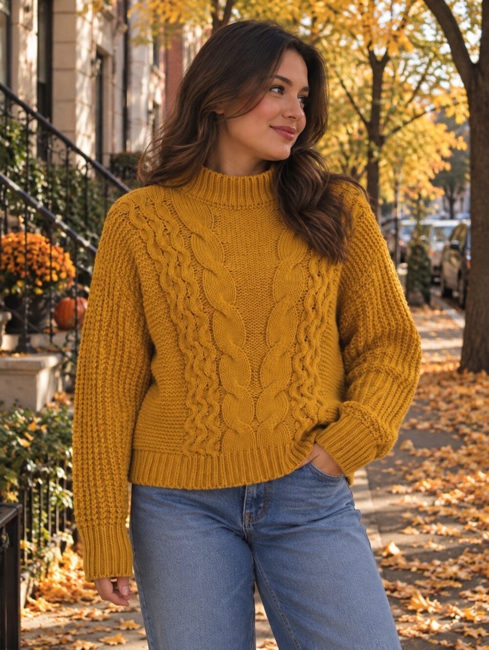 Twik Simons Mustard Cable Knit Mock Neck Sweater S/M
